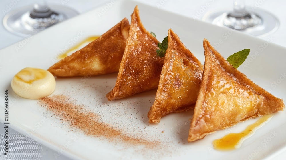 Crispy Golden Triangle Pastries with Creamy Sauce and Mint Garnish Crispy Golden Triangle Pastries with Creamy Sauce and Mint Garnish