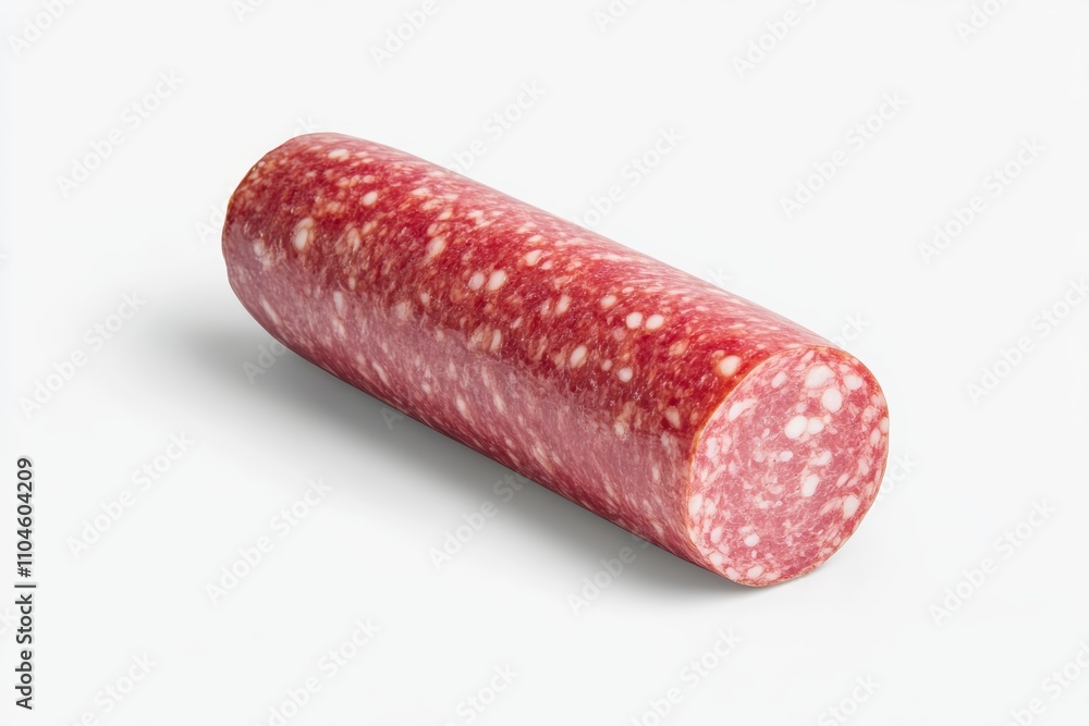 A long red sausage is shown on a white background A long red sausage is shown on a white background