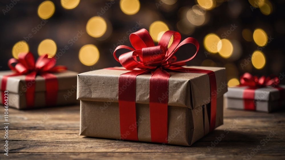 Gift boxes with brown kraft paper wrapping and red ribbon bows on a rustic wood board mockup surface with bokeh background Gift boxes with brown kraft paper wrapping and red ribbon bows on a rustic wood board mockup surface with bokeh background