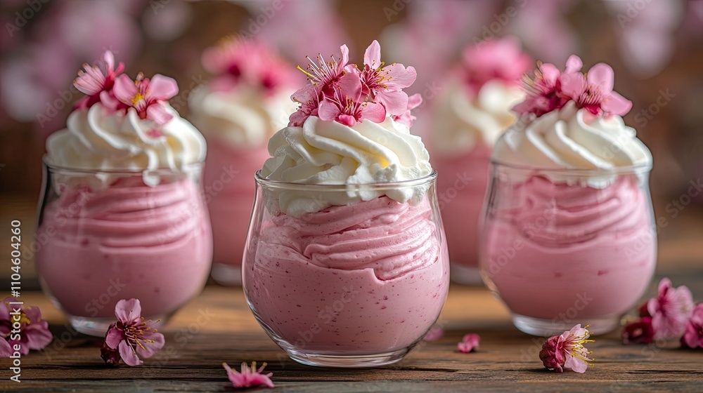 Delicate Pink Dessert with Whipped Cream and Flower Garnish Delicate Pink Dessert with Whipped Cream and Flower Garnish