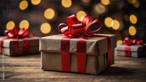 Wallpaper Mural Gift boxes with brown kraft paper wrapping and red ribbon bows on a rustic wood board mockup surface with bokeh background Torontodigital.ca