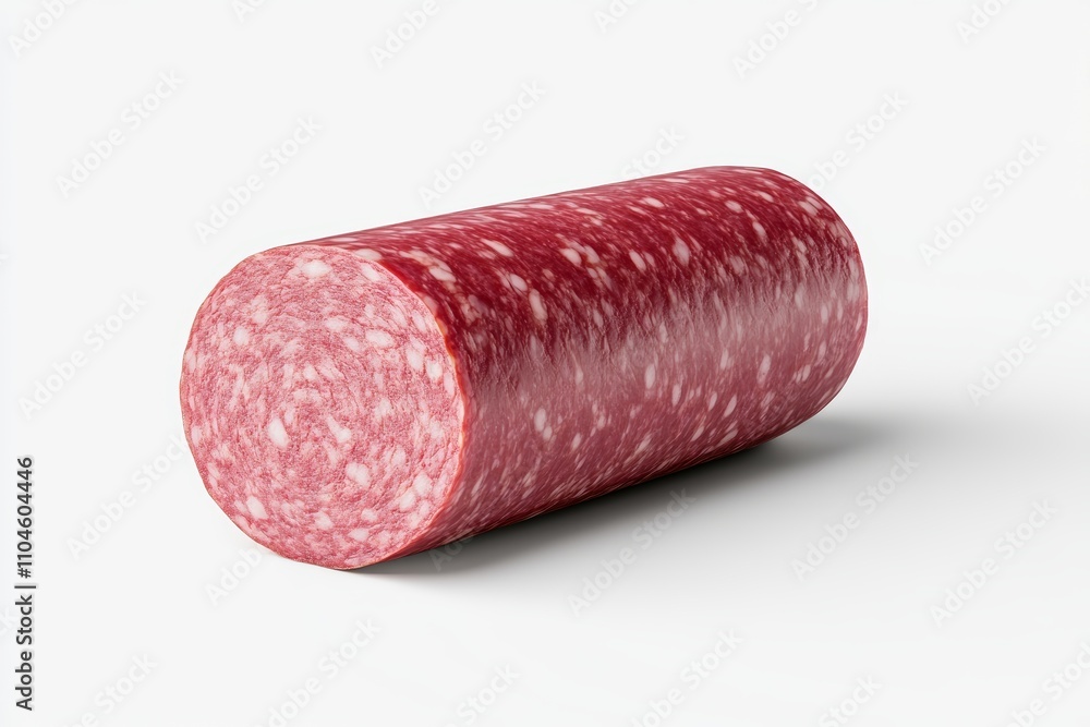 A long red sausage is shown on a white background A long red sausage is shown on a white background
