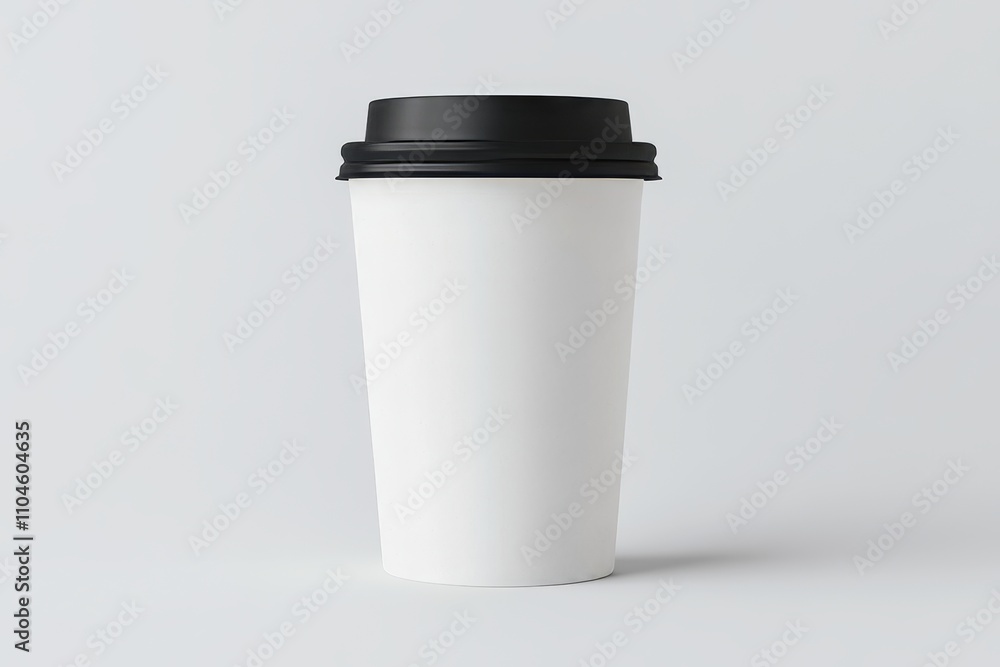 A white coffee cup with a black lid A white coffee cup with a black lid