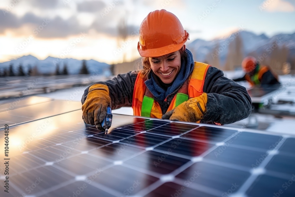 A cheerful worker wearing an orange hard hat and reflective gear is actively installing solar panels on a rooftop, emphasizing renewable energy and safe practices. A cheerful worker wearing an orange hard hat and reflective gear is actively installing solar panels on a rooftop, emphasizing renewable energy and safe practices.