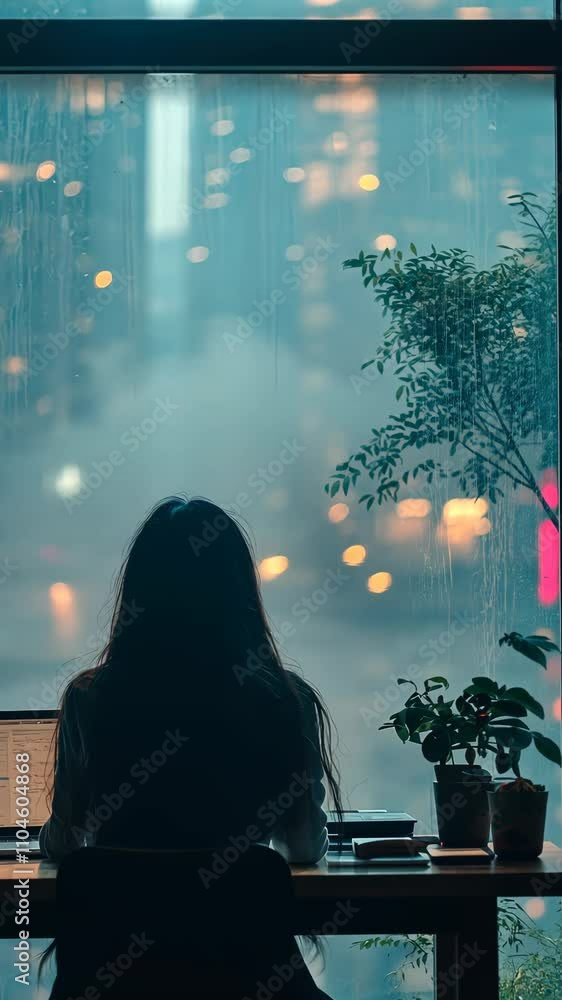 Contemplation at Dusk: A Woman Seated by the Window Watching City Lights through a Rainy Veil