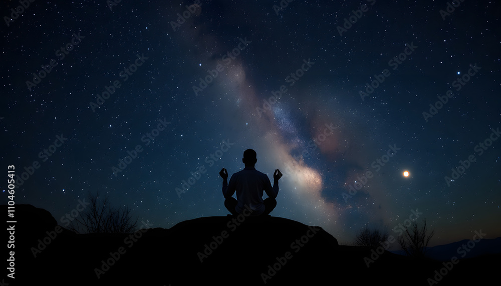 person on the rock outdoors meditating or praying at night under the Milky Way and Moon, back view isolated with white highlights, png