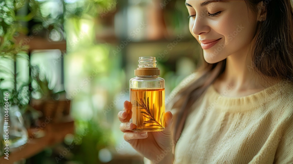 Woman Holding Natural Oil in Greenery Setting Woman Holding Natural Oil in Greenery Setting