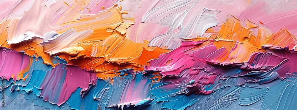 Closeup of Abstract Colorful Oil Painting on Canvas with Detailed Brushstrokes in Pink, Orange, Blue, Purple Palette Closeup of Abstract Colorful Oil Painting on Canvas with Detailed Brushstrokes in Pink, Orange, Blue, Purple Palette