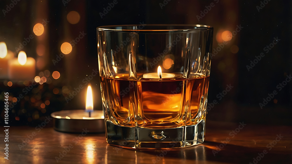 Amber liquid in rocks glass, candlelight, bokeh. Amber liquid in rocks glass, candlelight, bokeh.