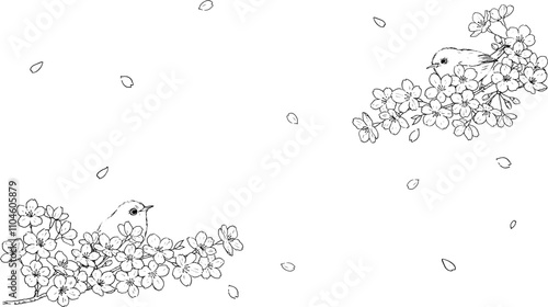桜の花とメジロの線画