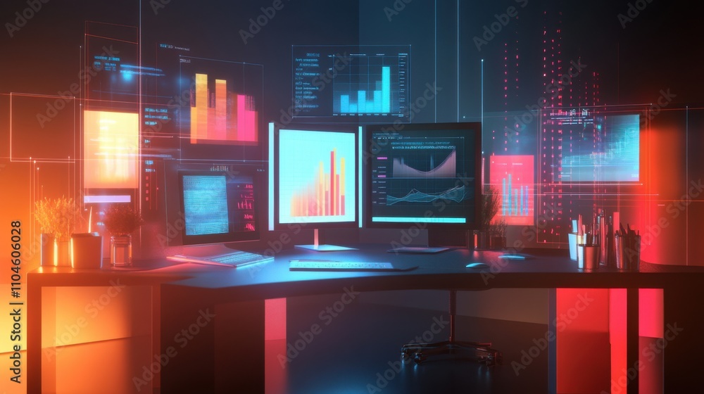 Modern Data Analysis Workspace with Multiple Screens and Graphics Stock ...