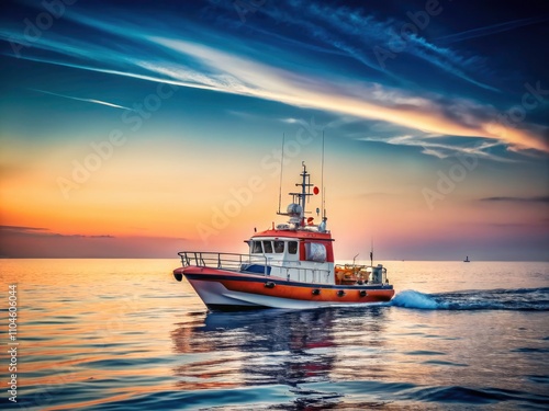 Colorful Coast Guard Boat at Sea - Minimalist Photography of Rescue Mission with Siren On, Coastal Scene, Lifesaving Vessel, Maritime Safety, Emergency Response, Serenity, Calm Waters