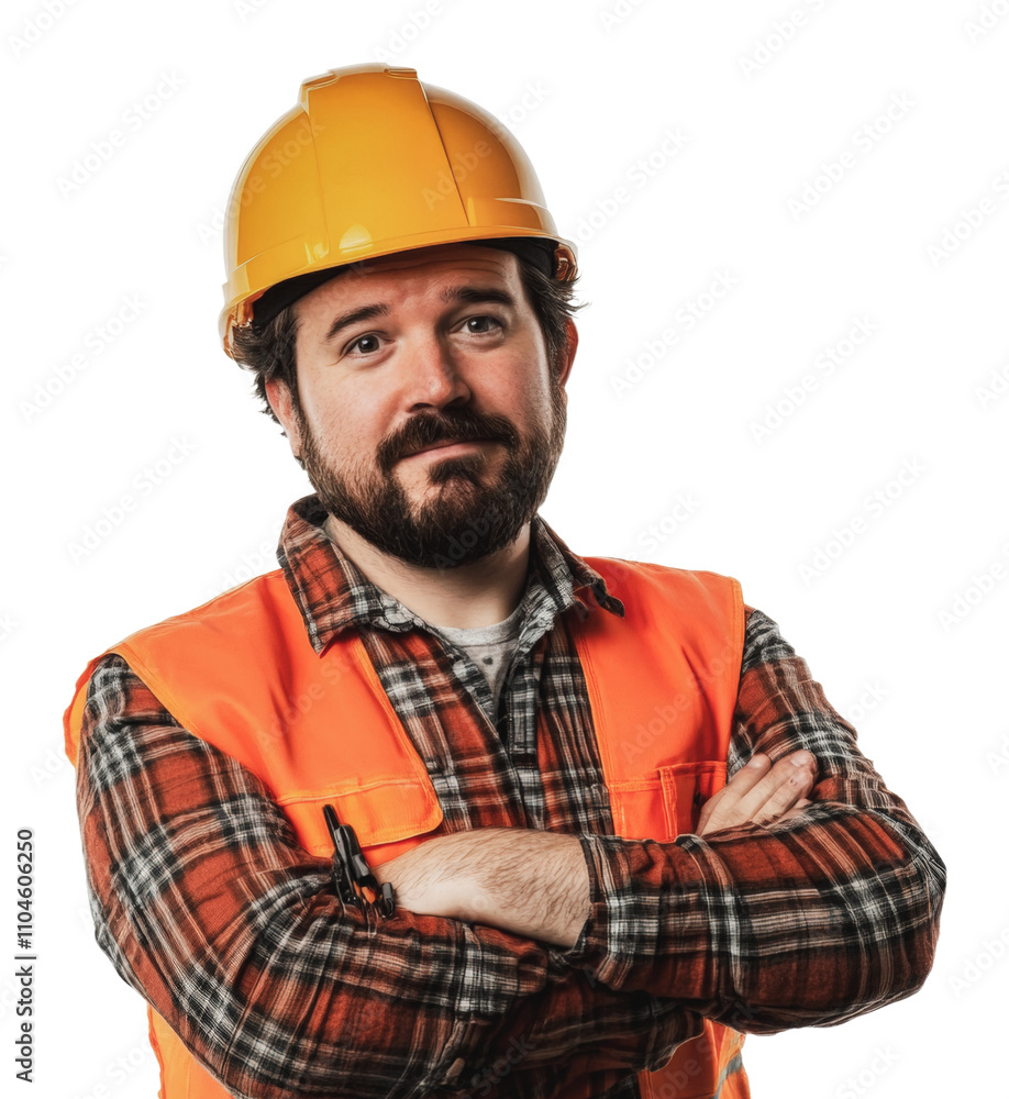 Worker in safety gear posing with confidence, cut out - stock png. Worker in safety gear posing with confidence, cut out - stock png.