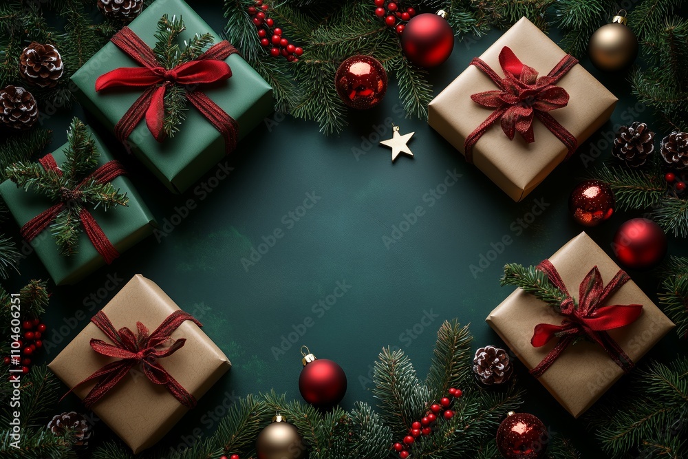 Christmas background Top view photo of gift boxes with ribbon bows green, red baubles, gold star ornaments, and pine branches on an isolated green background with copy space in the middle Christmas background Top view photo of gift boxes with ribbon bows green, red baubles, gold star ornaments, and pine branches on an isolated green background with copy space in the middle