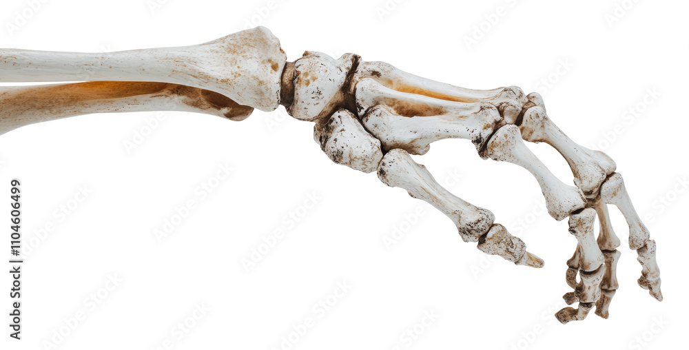 Human skeletal hand viewed from the side in detail, cut out - stock png.