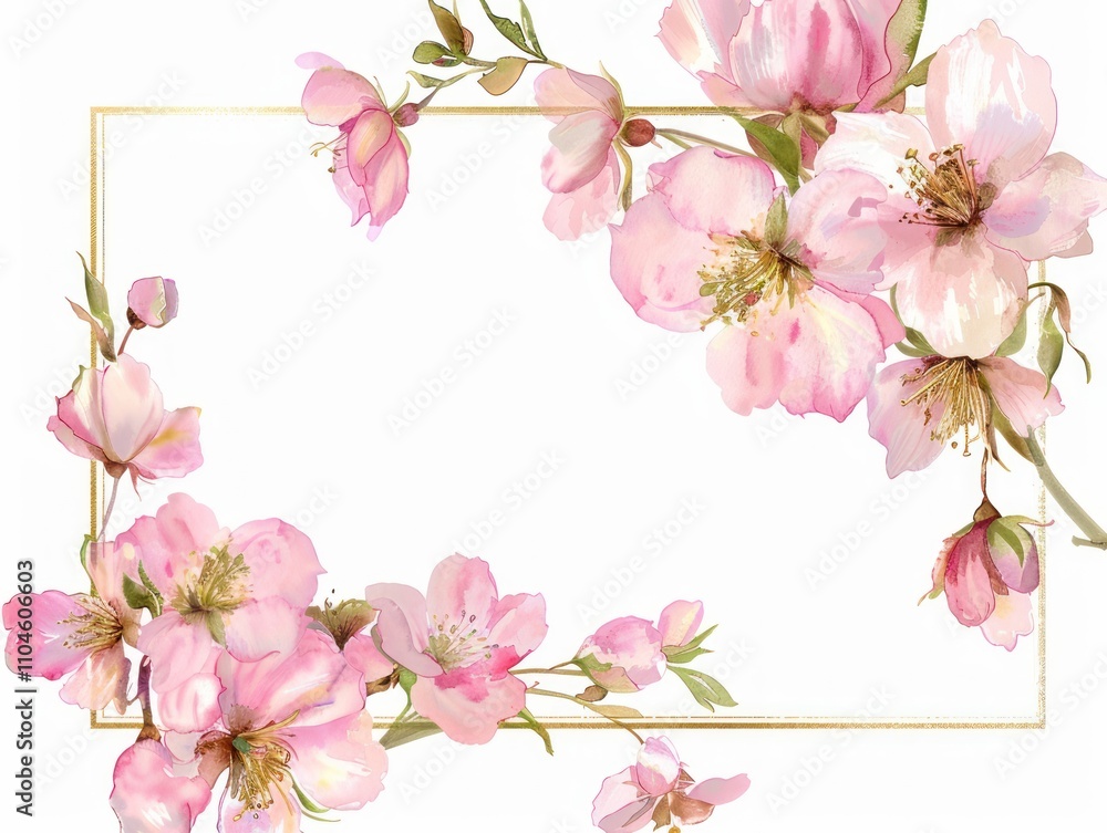A floral frame featuring delicate pink blossoms on a white background. A floral frame featuring delicate pink blossoms on a white background.