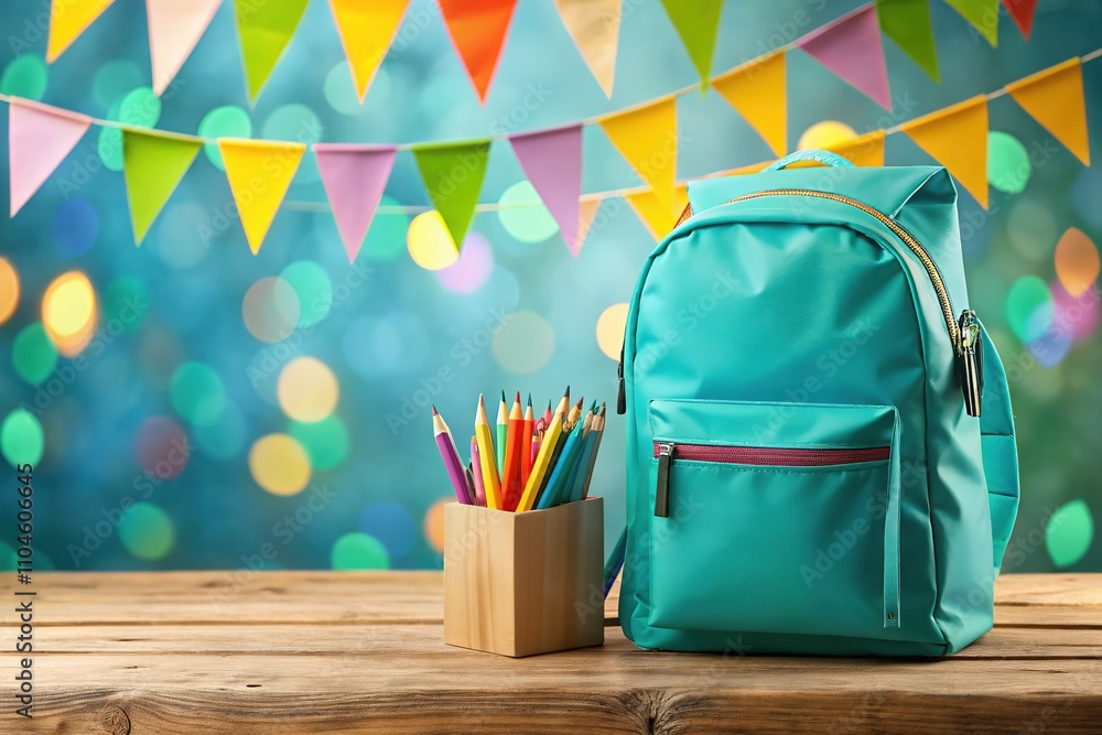 Back to School Turquoise Backpack Stationery Banner AI Photo Back to School Turquoise Backpack Stationery Banner AI Photo