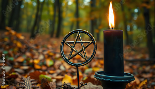Pentagram amulet and black candle in autumn forest, natural background. Magic esoteric witches ritual. Mysticism, divination, wicca, occultism, witchcraft concept. Samhain sabbat isolated with white