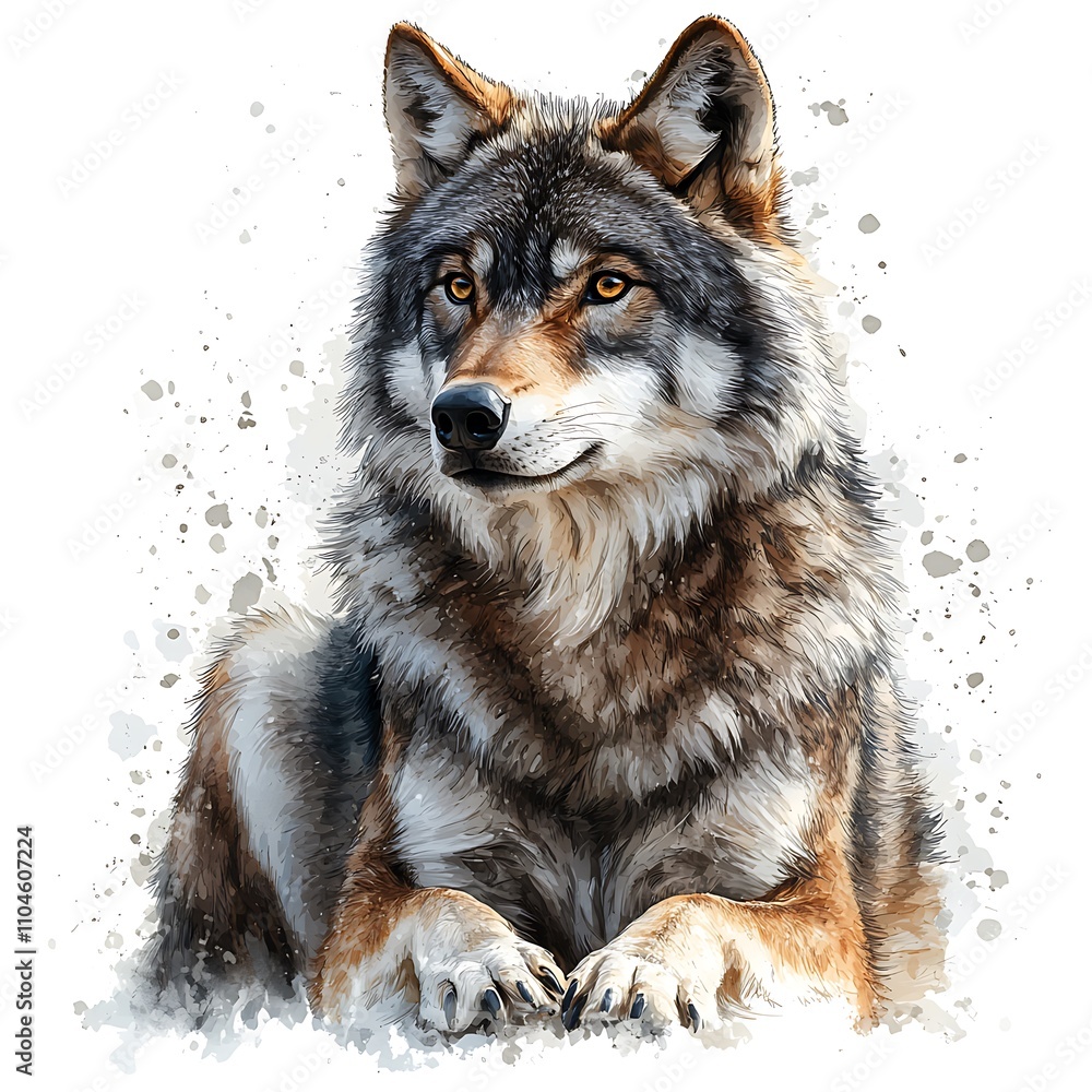 Majestic Gray Wolf with Amber Eyes, Watercolor Style Illustration. Majestic Gray Wolf with Amber Eyes, Watercolor Style Illustration.