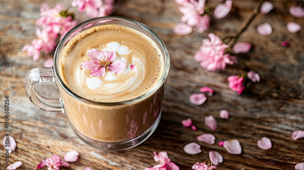 Beautiful Coffee with Pink Flower Decor on Rustic Wooden Table Beautiful Coffee with Pink Flower Decor on Rustic Wooden Table