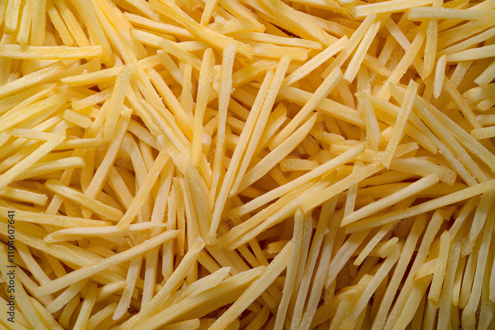 Crispy golden french fries stacked in a pile, with a perfectly uniform texture, close-up shot Crispy golden french fries stacked in a pile, with a perfectly uniform texture, close-up shot
