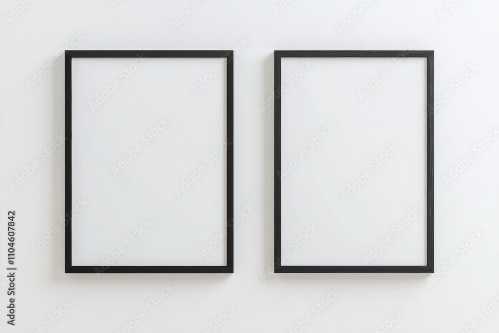 Two black framed white picture frames on a white wall Two black framed white picture frames on a white wall