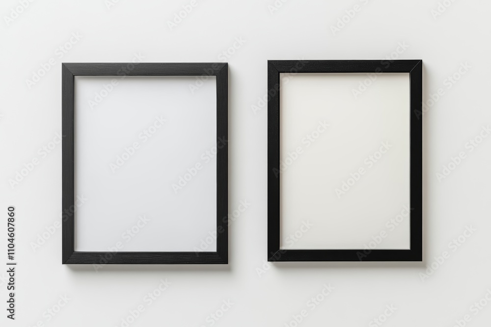 Two black and white framed pictures are hanging on a white wall Two black and white framed pictures are hanging on a white wall