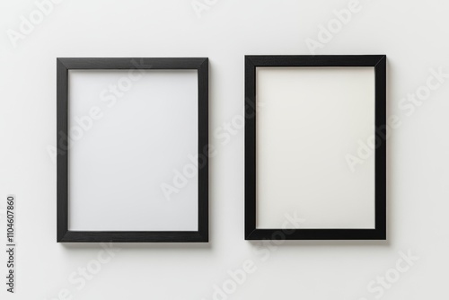 Two black and white framed pictures are hanging on a white wall