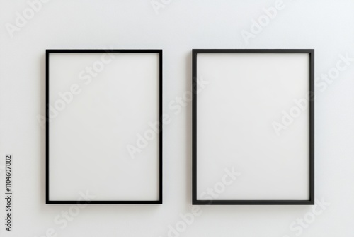 Two black and white framed pictures are hanging on a wall