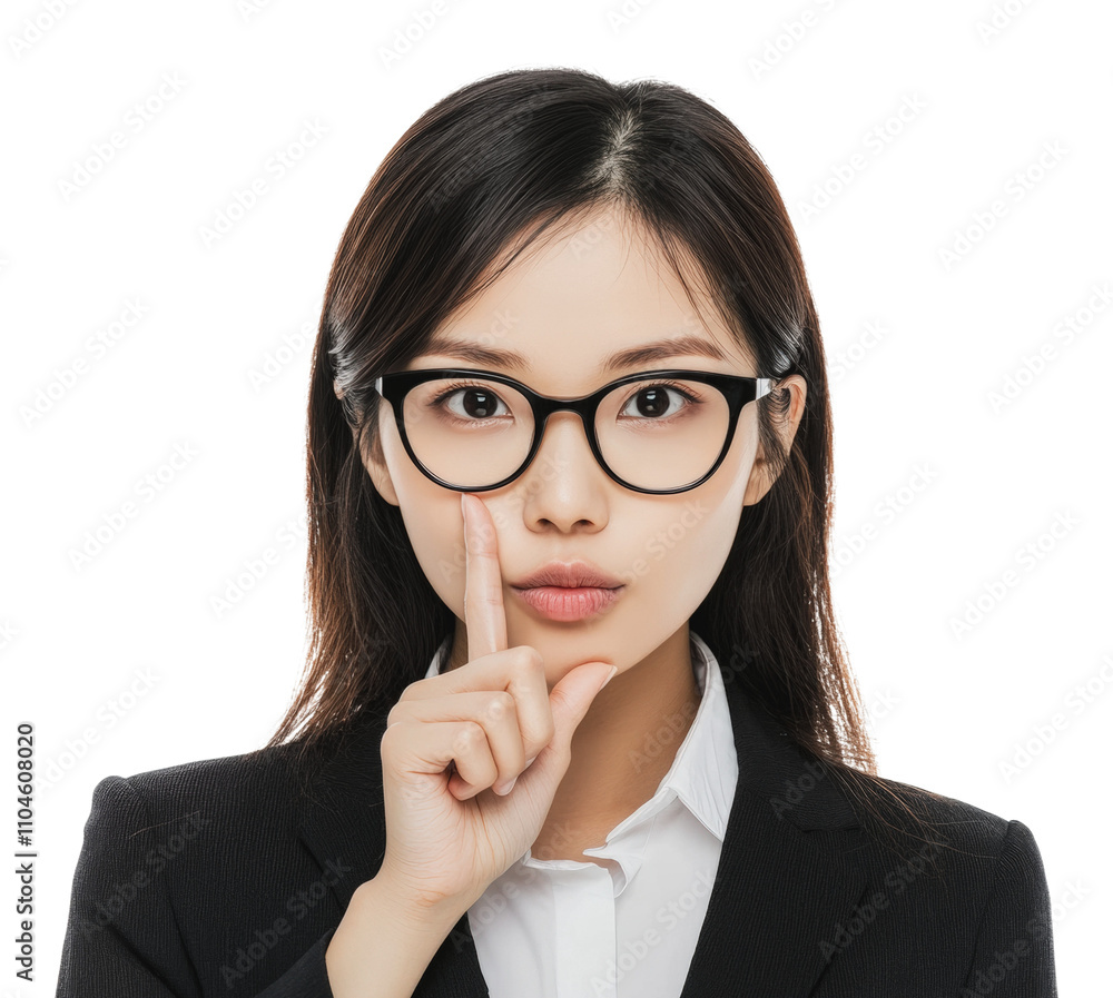 Woman in glasses making a shushing gesture, cut out - stock png.