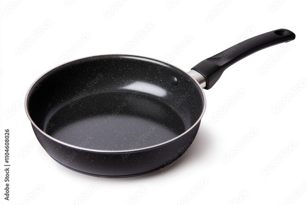 A black pan with a handle sits on a white background A black pan with a handle sits on a white background