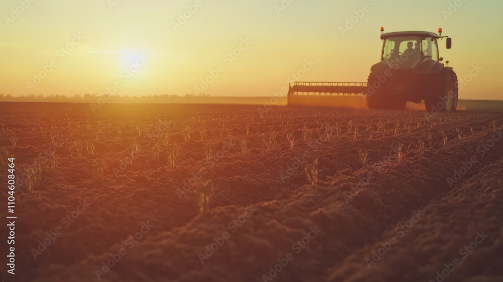 Fototapeta premium Close-up of a tractor pulling a seed drill in an expansive field during sunrise,
