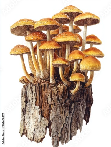 Mushrooms on rotten wood with green leaves and brown bark. photo