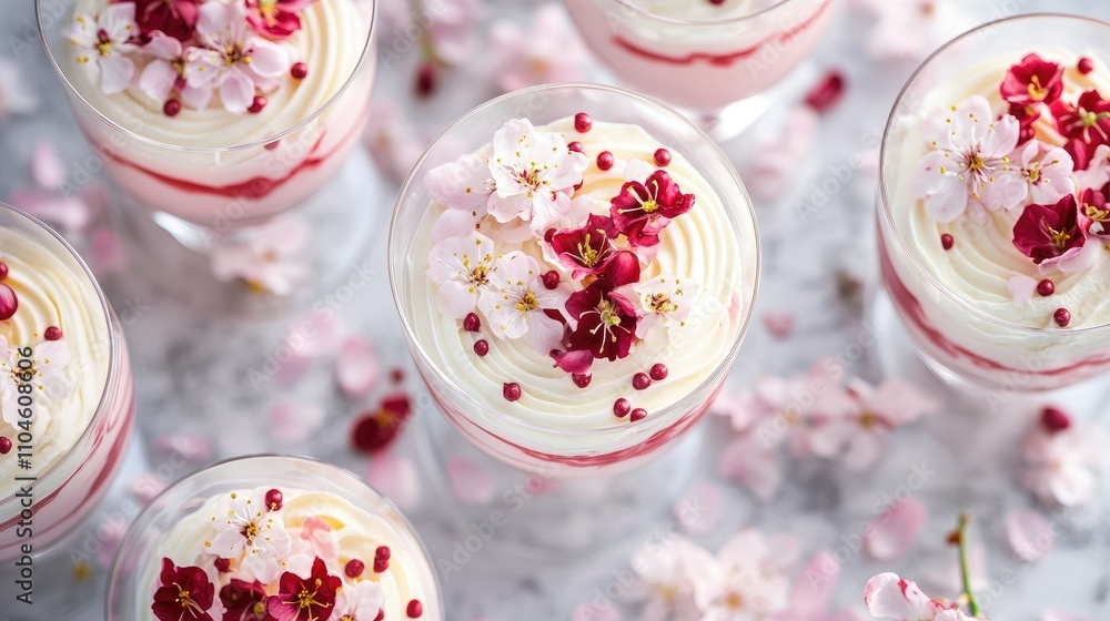 Delicate Floral Desserts with Creamy Layers and Fresh Blossoms Delicate Floral Desserts with Creamy Layers and Fresh Blossoms
