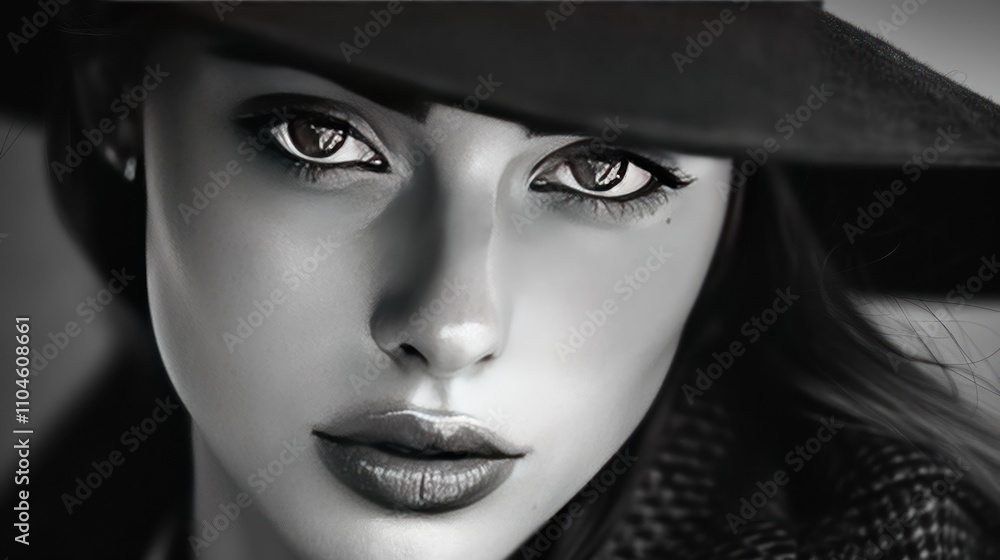A close-up portrait of a woman with striking eyes and a wide-brimmed hat in black and white. A close-up portrait of a woman with striking eyes and a wide-brimmed hat in black and white.