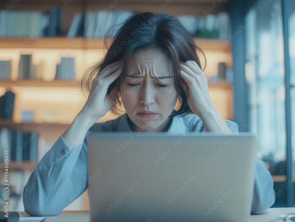 Working woman with hand on forehead, showing frustration or tiredness in office setting. Working woman with hand on forehead, showing frustration or tiredness in office setting.