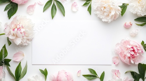 A flat lay of peonies and leaves surrounding a blank card on a white background.