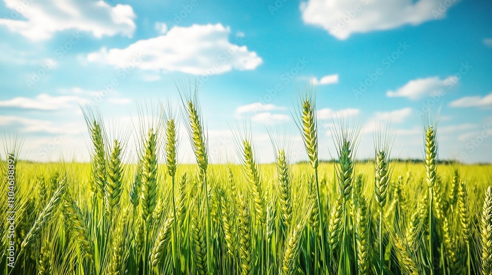 Lush Green Wheat Field Under Bright Blue Sky with Fluffy Clouds Lush Green Wheat Field Under Bright Blue Sky with Fluffy Clouds