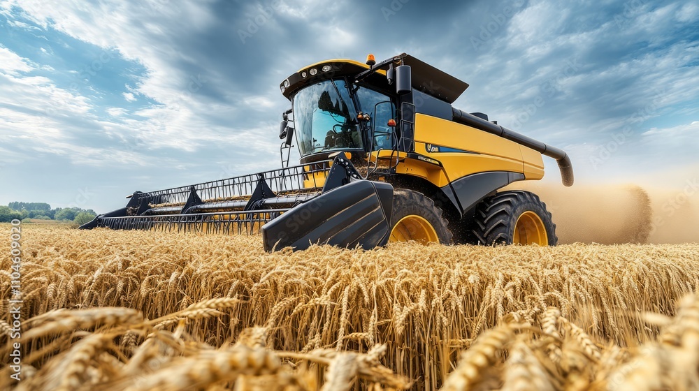 Fototapeta premium Close-up of an advanced combine harvester in action, collecting wheat with perfect precision