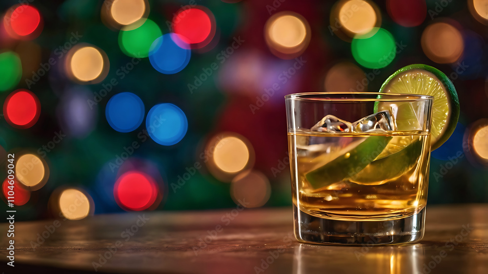 Festive cocktail with ice and lime wedge in rocks glass on wooden surface with bokeh lights background. Festive cocktail with ice and lime wedge in rocks glass on wooden surface with bokeh lights background.
