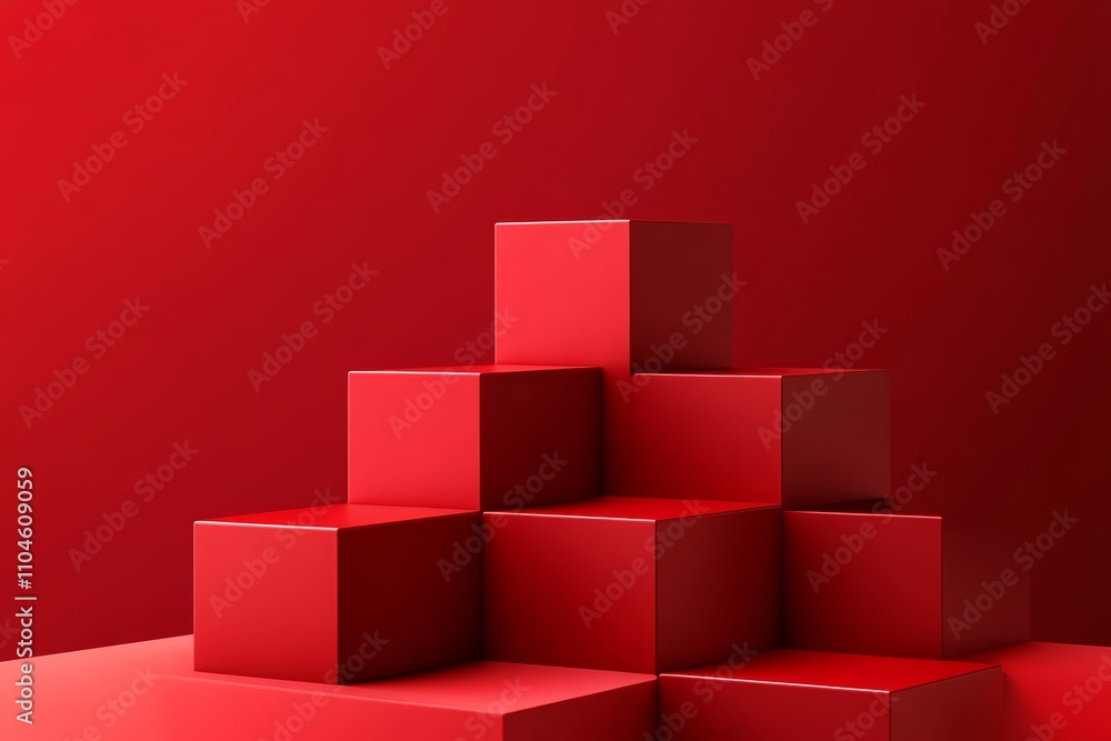 Red Minimalist Cube Display with Glossy Finish in Abstract Setup