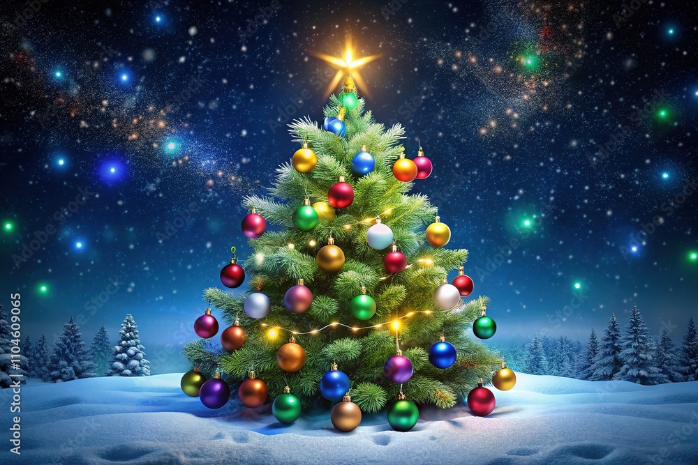 Obraz premium Christmas Snowscape Greeting Card AI Photo - Starry Tree, Falling Snow