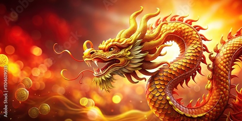 Chinese New Year Dragon Portrait, Soft Red Gold Background, Copy Space photo