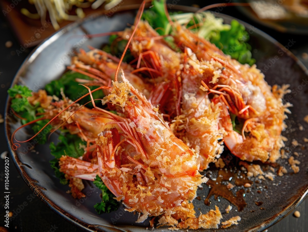 Plate of shrimp with a green salad on top. The shrimp are cooked and have a crispy texture. The plate is set on a black table Plate of shrimp with a green salad on top. The shrimp are cooked and have a crispy texture. The plate is set on a black table