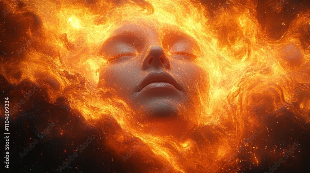 Serene female face engulfed in fiery, swirling flames; a surreal digital art piece. Serene female face engulfed in fiery, swirling flames; a surreal digital art piece.