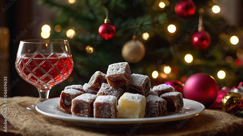 Festive dessert plate with sugared cubes and wine. Festive dessert plate with sugared cubes and wine.