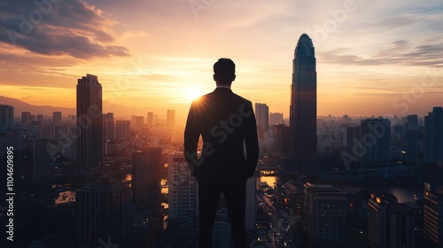 Man in a suit stands on a rooftop looking out over a city at sunset. Concept of solitude and contemplation, as the man is alone in the cityscape. The sunset adds a warm