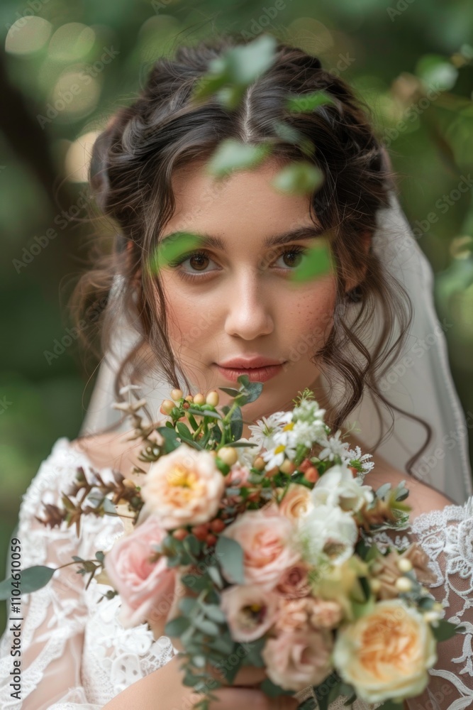 Naklejka premium Woman is holding a bouquet of flowers and has her hair in a bun. The flowers are pink and white, and the woman's face is the main focus of the image. Scene is romantic and elegant