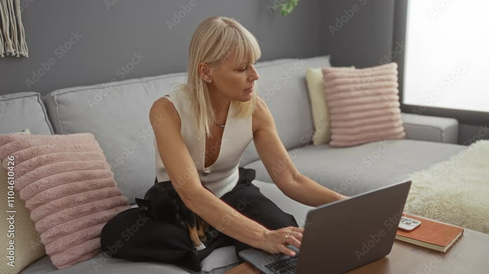 Mature blonde woman sitting in living room using laptop with small dog on lap and talking on phone. Mature blonde woman sitting in living room using laptop with small dog on lap and talking on phone.