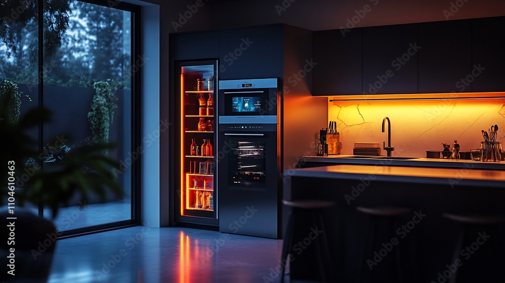 Modern kitchen at night with integrated appliances and warm lighting. Modern kitchen at night with integrated appliances and warm lighting.